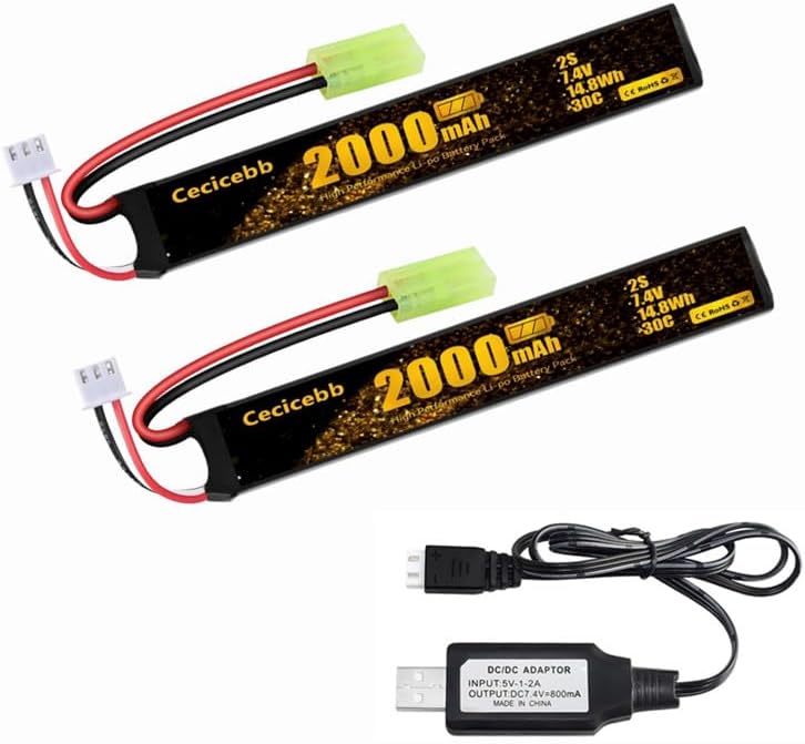 Cecicebb Airsoft Battery 7.4V 2000mAh 30C with Mini Tamiya Plug for Airsoft Model Guns Rechargeable 2S Lipo Battery 2 Pack with 7.4V USB Charger Cable - Image 1